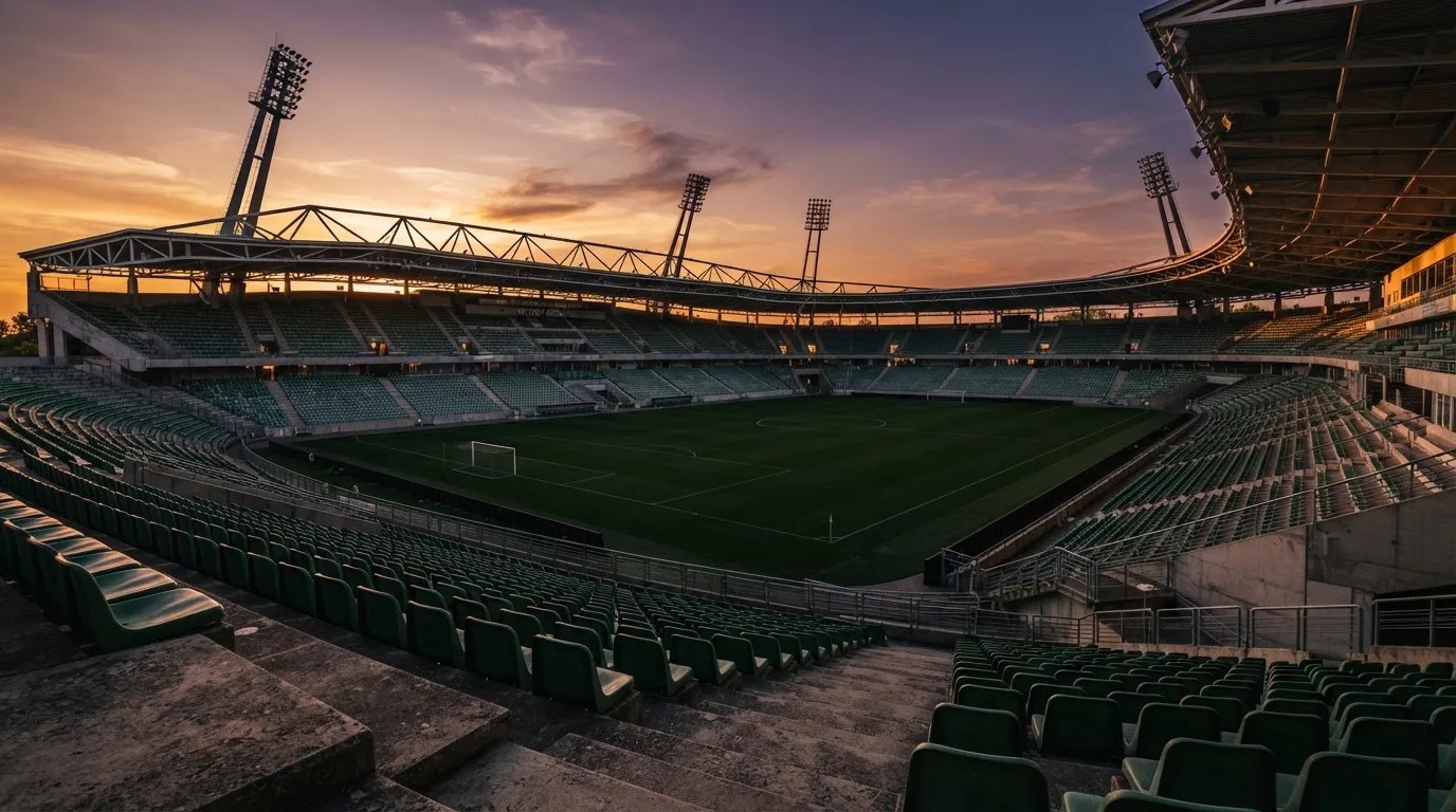 Un estadio de fútbol vacío con torres de iluminación al atardecer
