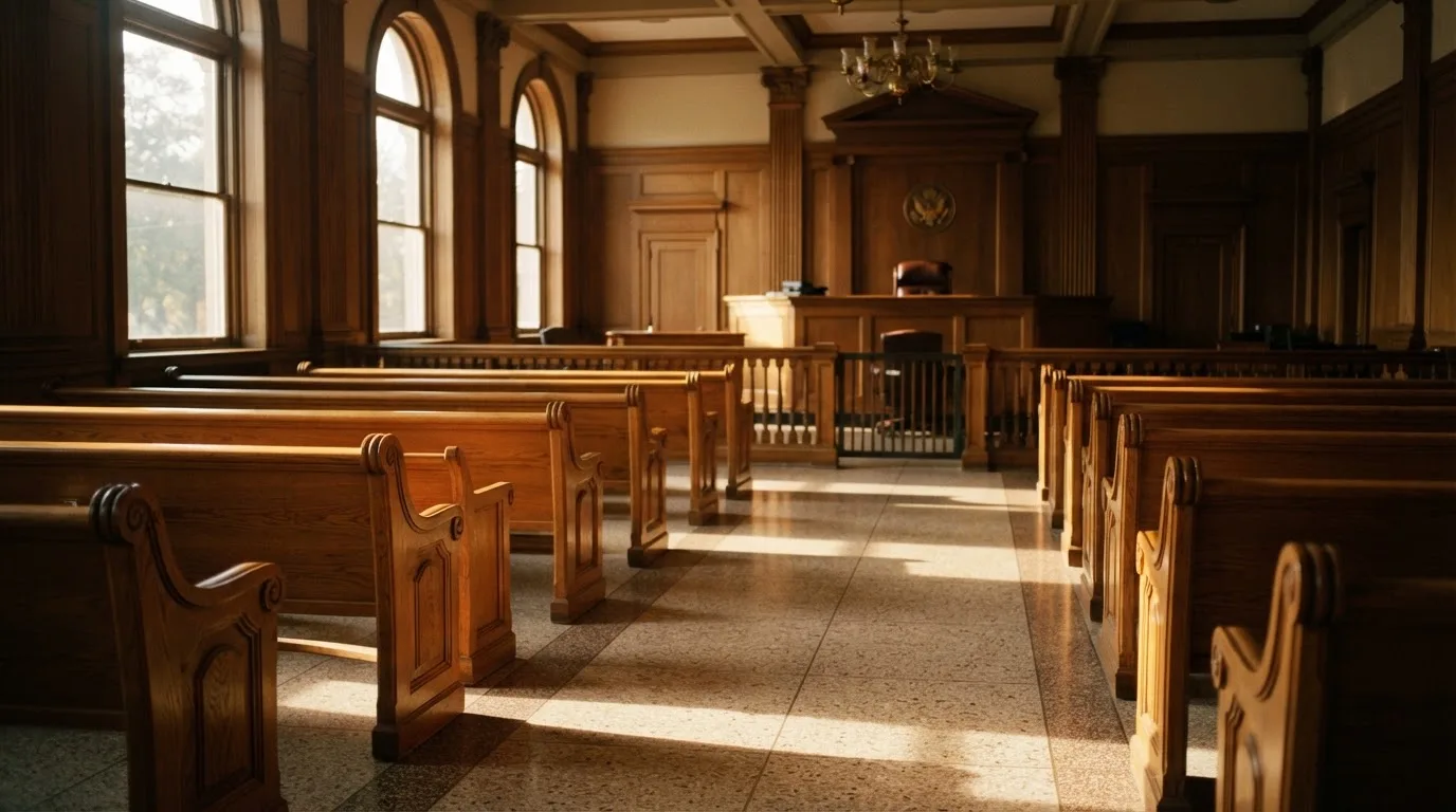 Una sala de tribunal vacía con bancos de madera a la luz de la mañana