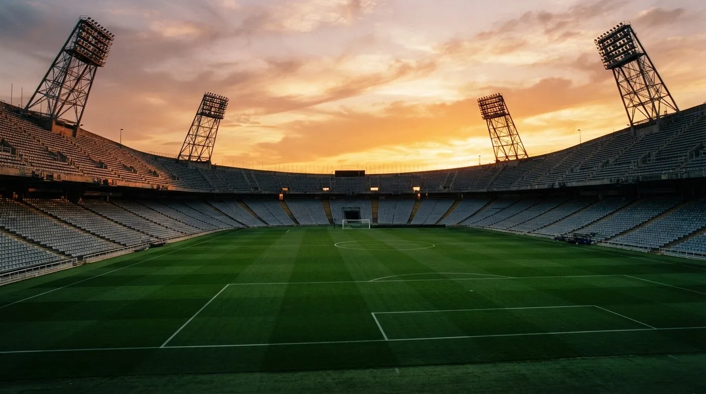Un estadio de fútbol vacío con torres de iluminación al atardecer