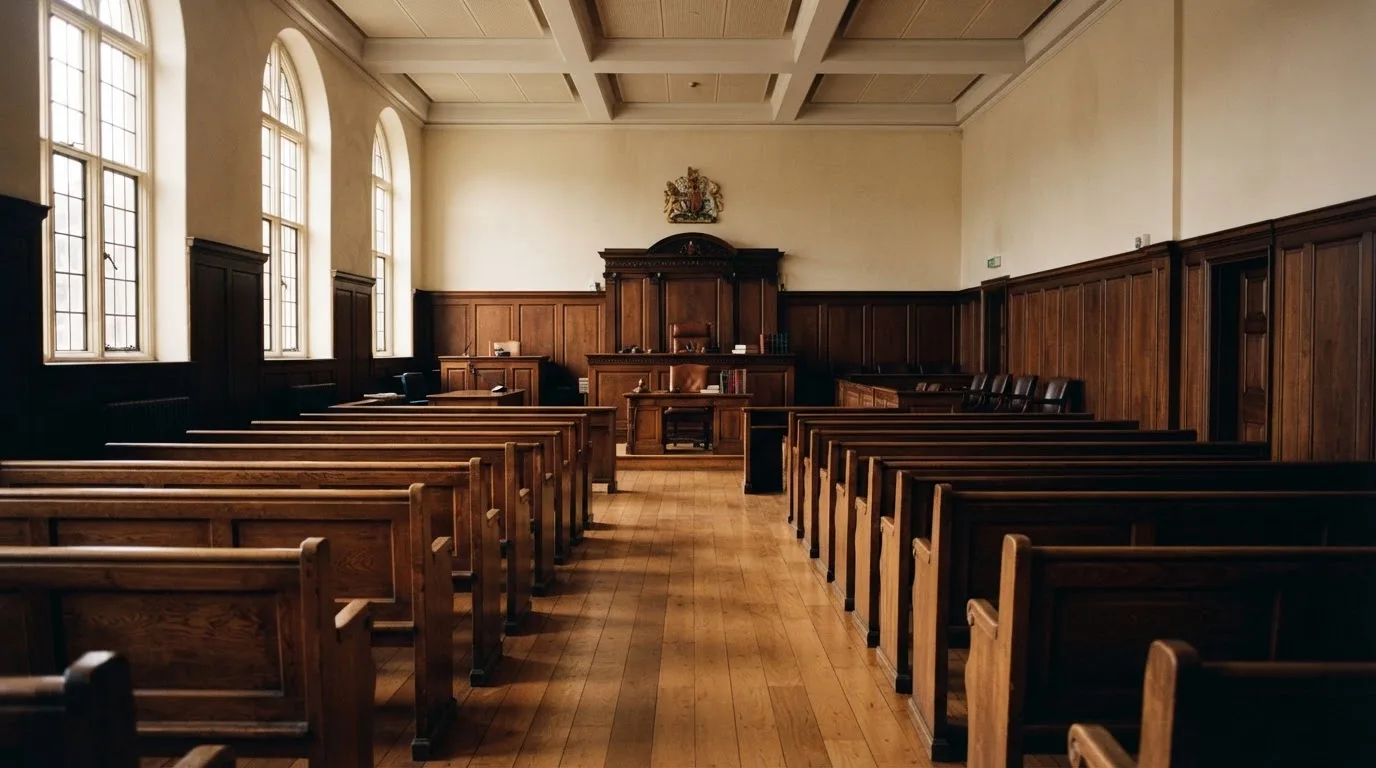 Una sala de tribunal vacía con bancos de madera a la luz de la mañana