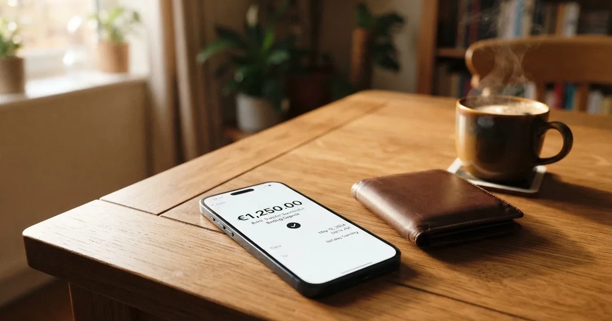 Un móvil sobre una mesa de madera junto a una cartera y una taza de café