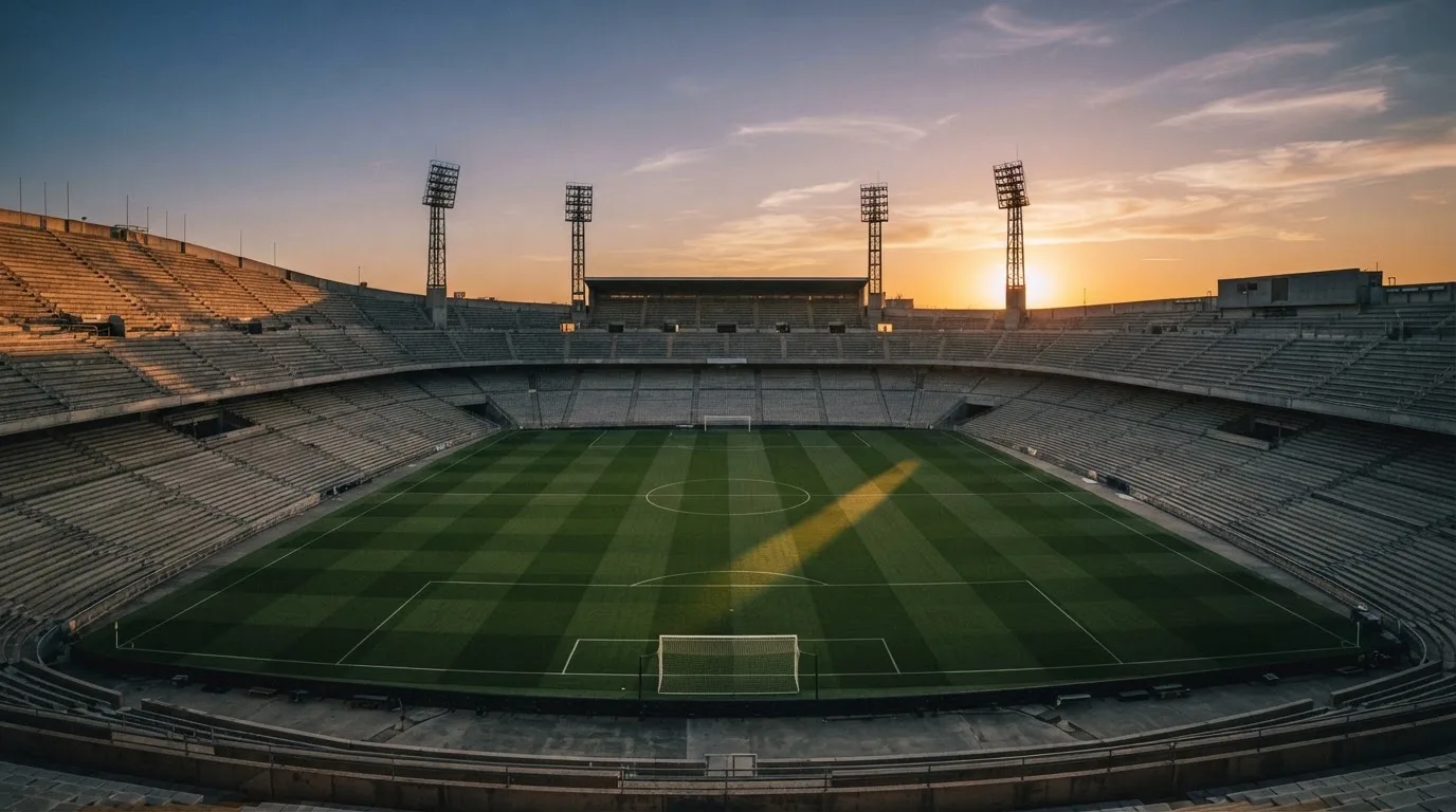Un estadio de fútbol vacío con torres de iluminación al atardecer