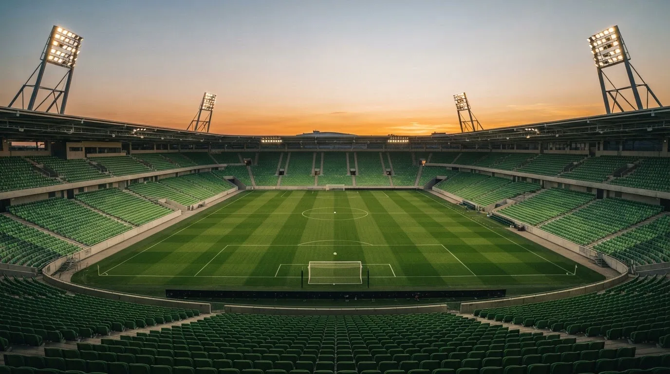Un estadio de fútbol vacío con torres de iluminación al atardecer