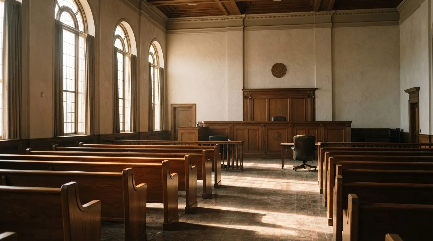 Una sala de tribunal vacía con bancos de madera a la luz de la mañana