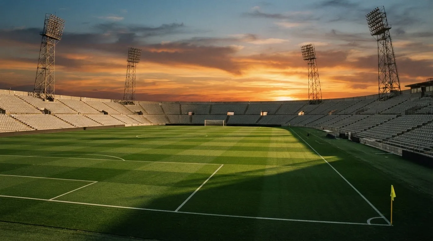 Un estadio de fútbol vacío con torres de iluminación al atardecer