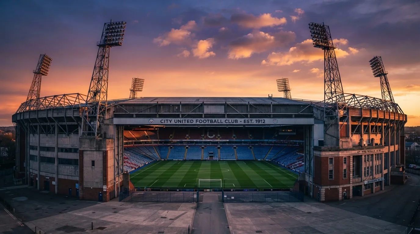 Un estadio de fútbol vacío con torres de iluminación al atardecer