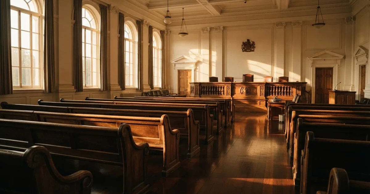 Una sala de tribunal vacía con bancos de madera a la luz de la mañana