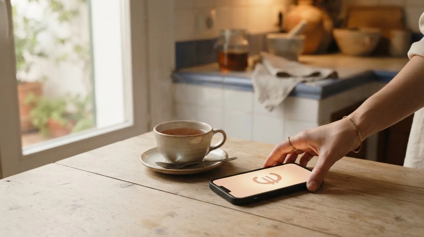 Una mano deja un móvil junto a una taza de té sobre la mesa de la cocina, una tarde tranquila
