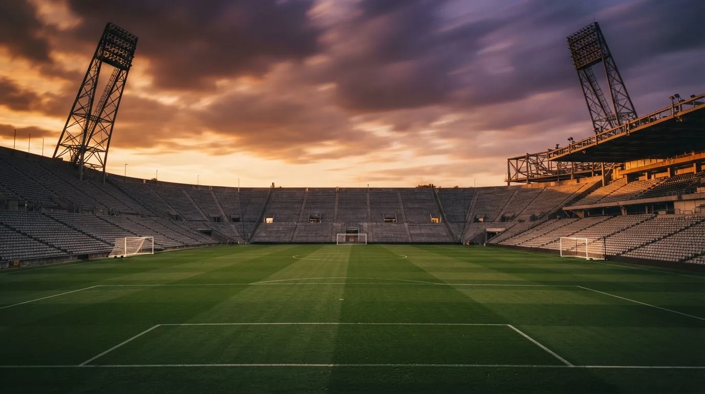 Un estadio de fútbol vacío con torres de iluminación al atardecer