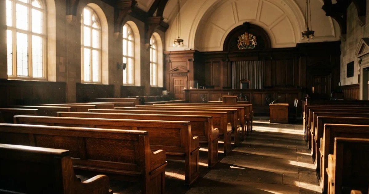 Una sala de tribunal vacía con bancos de madera a la luz de la mañana