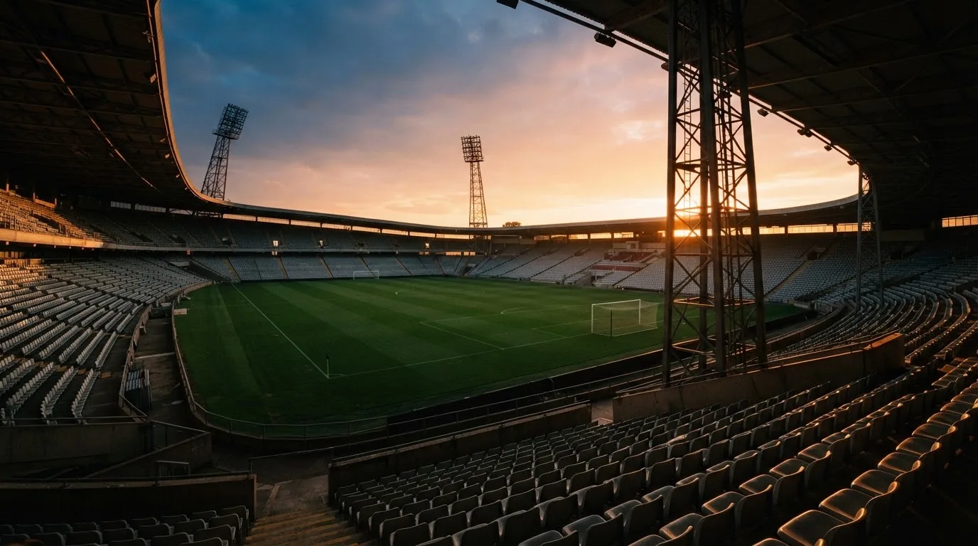 Un estadio de fútbol vacío con torres de iluminación al atardecer