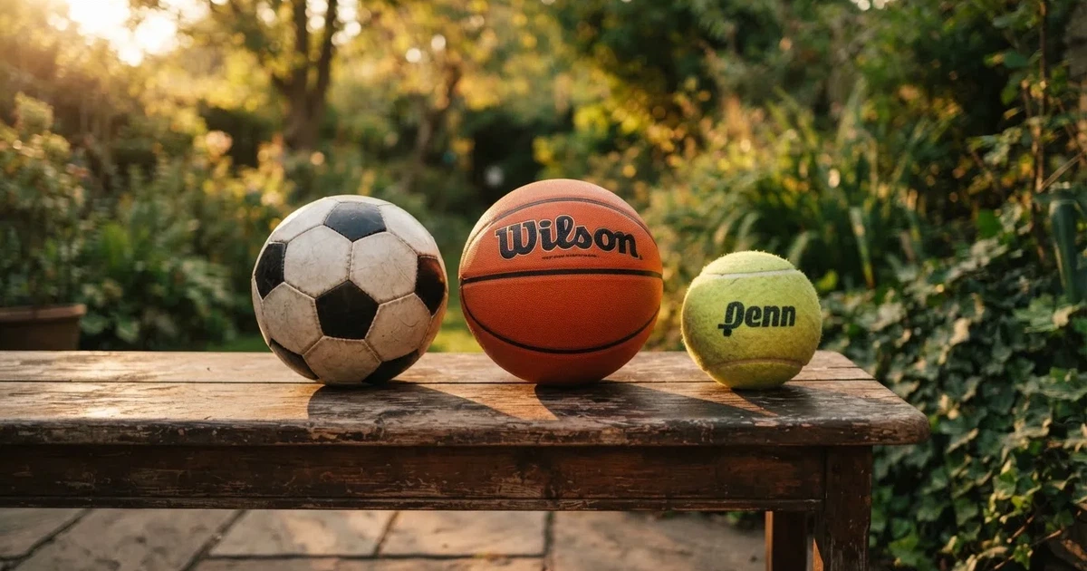 Tres balones de distintos tipos, uno junto a otro, sobre un banco de madera