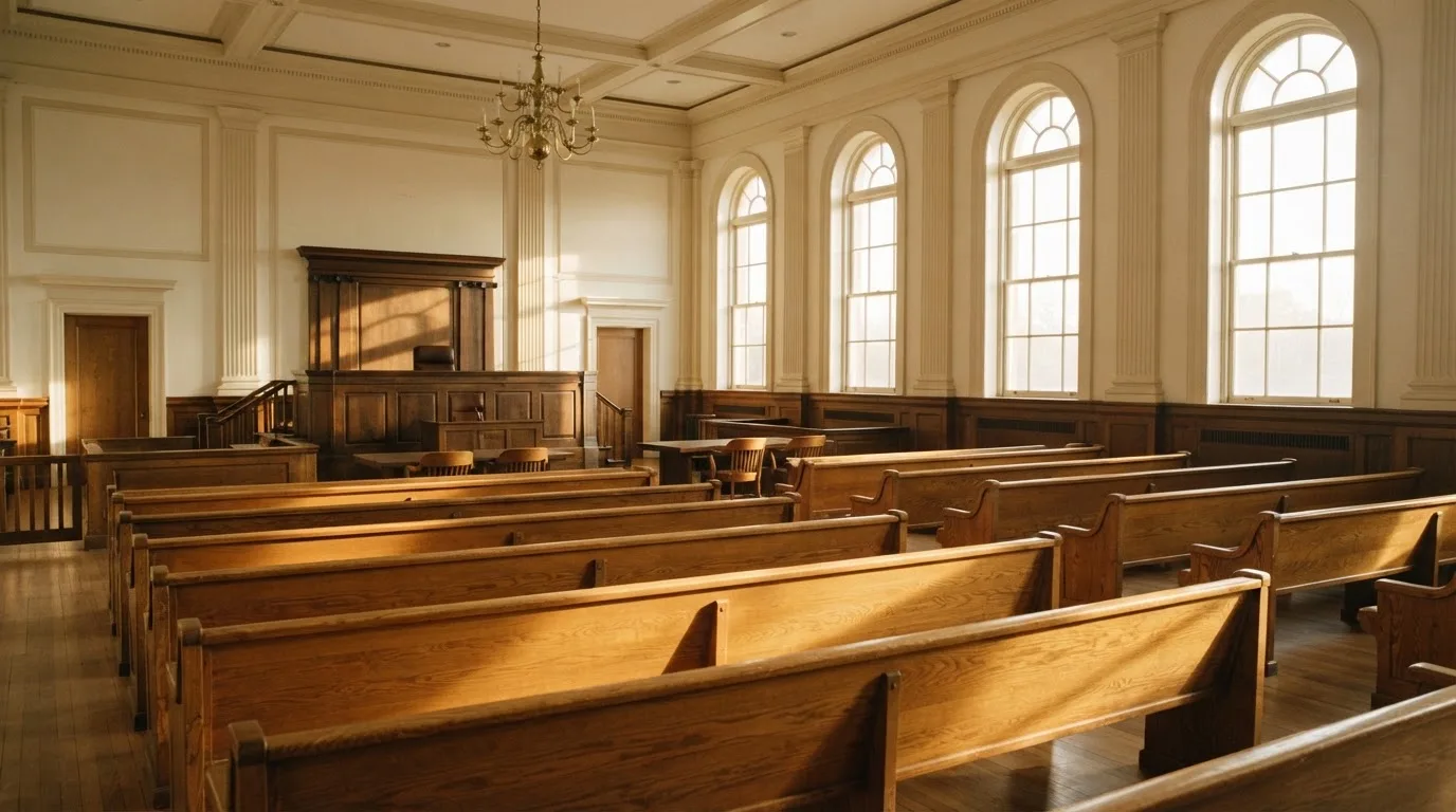 Una sala de tribunal vacía con bancos de madera a la luz de la mañana