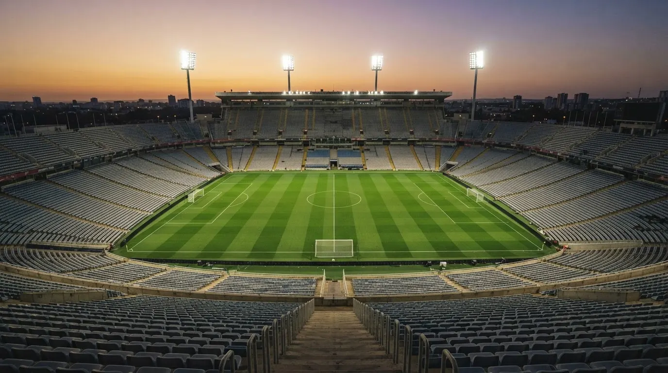 Un estadio de fútbol vacío con torres de iluminación al atardecer