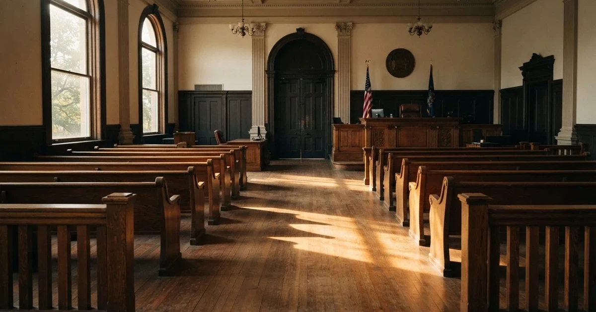 Una sala de tribunal vacía con bancos de madera a la luz de la mañana