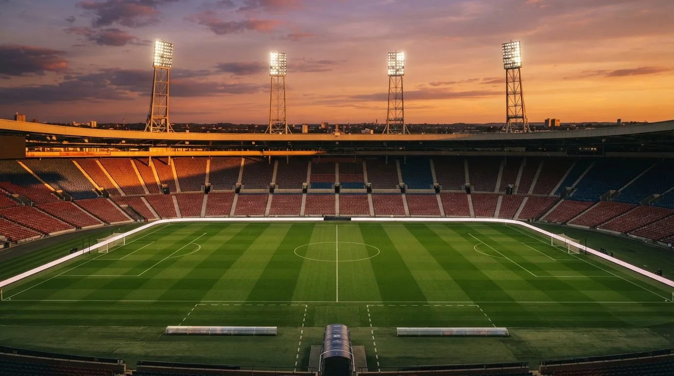 Un estadio de fútbol vacío con torres de iluminación al atardecer