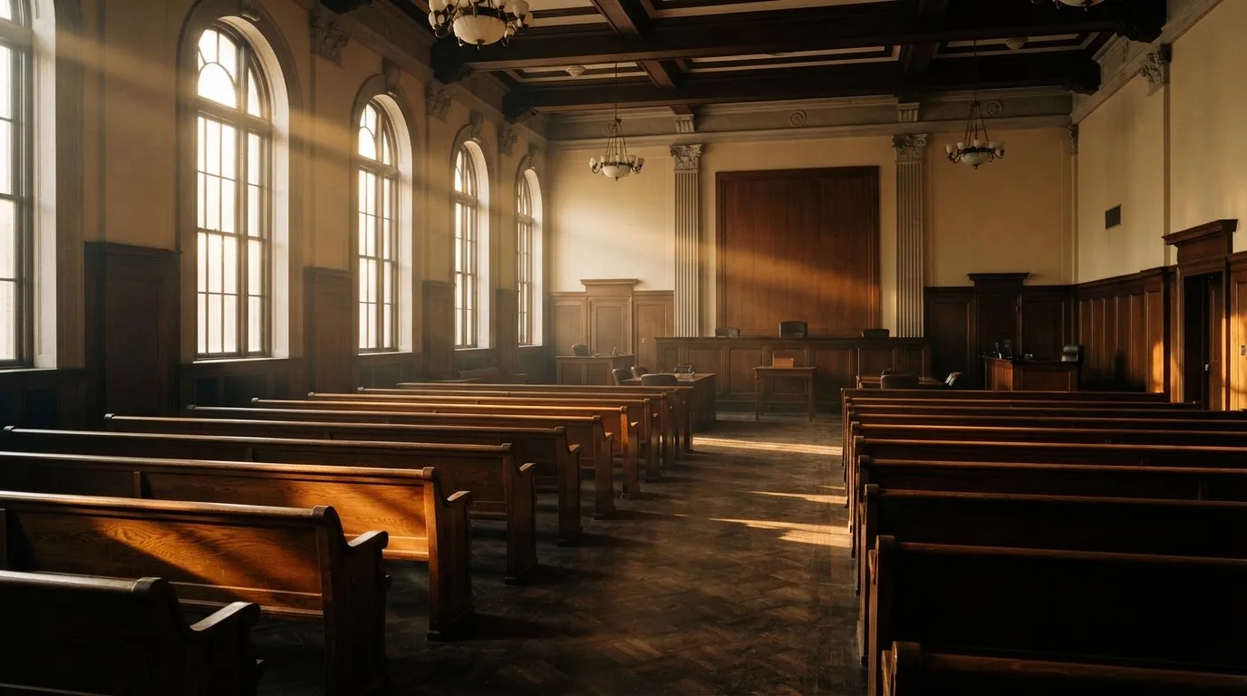 Una sala de tribunal vacía con bancos de madera a la luz de la mañana