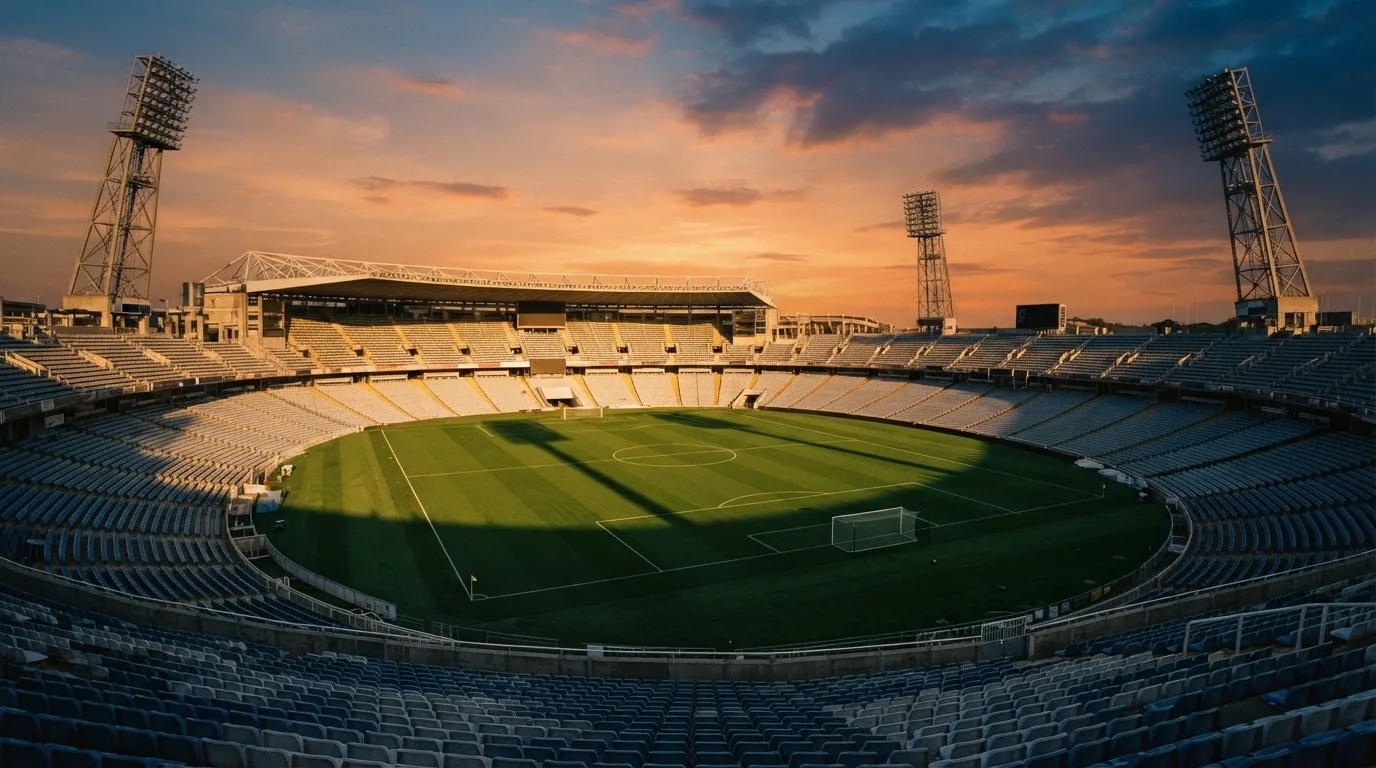 Un estadio de fútbol vacío con torres de iluminación al atardecer