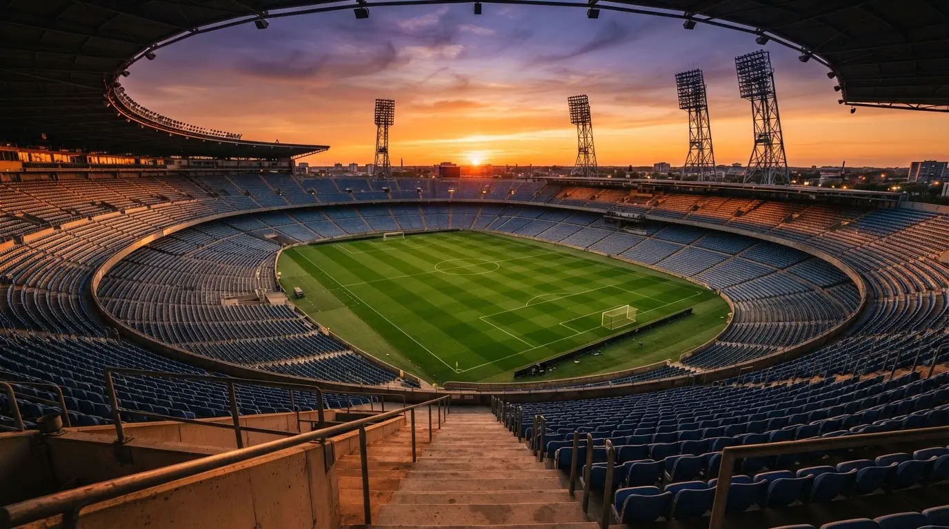 Un estadio de fútbol vacío con torres de iluminación al atardecer