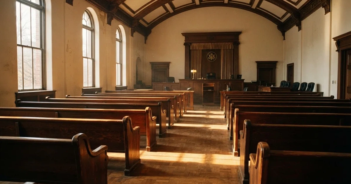 Una sala de tribunal vacía con bancos de madera a la luz de la mañana