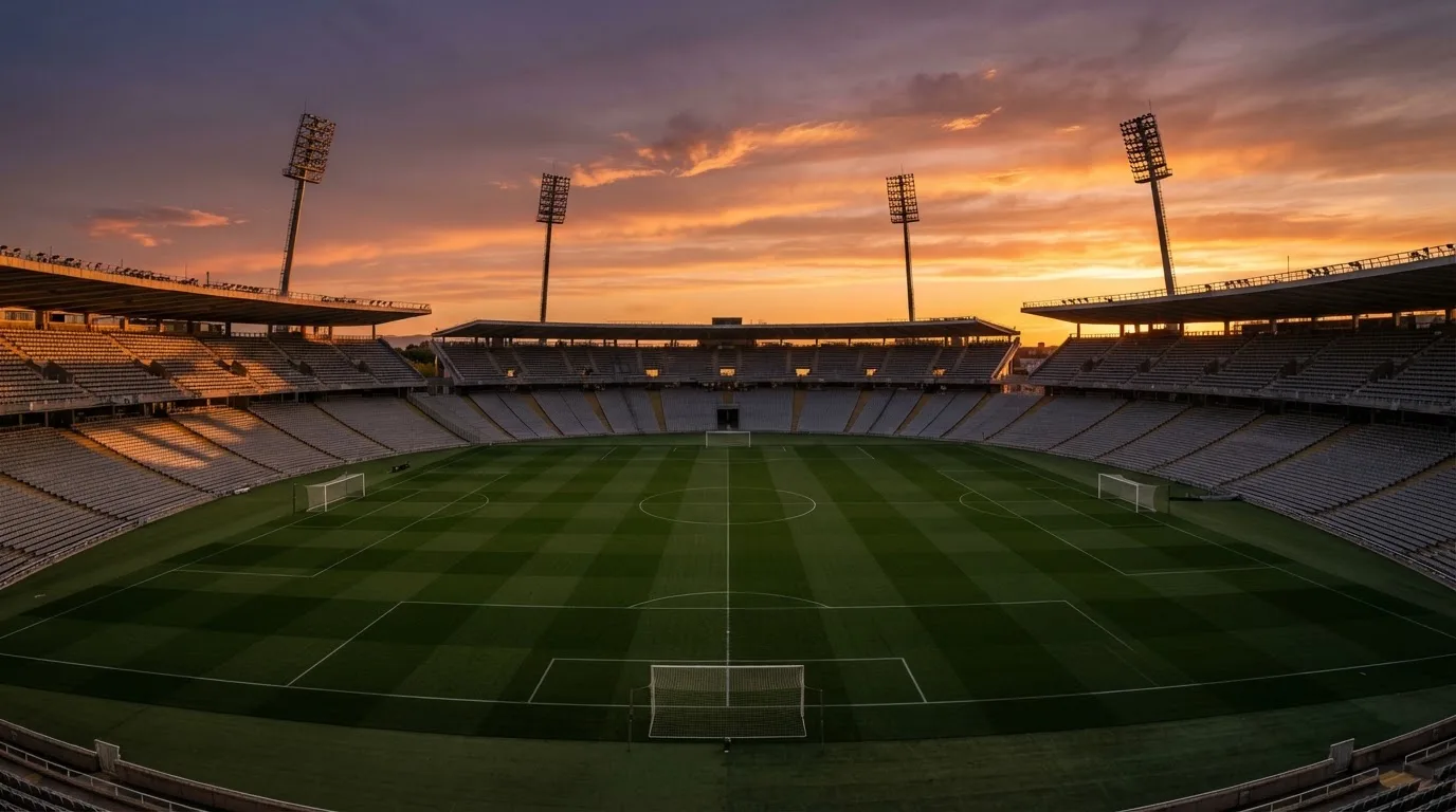 Un estadio de fútbol vacío con torres de iluminación al atardecer
