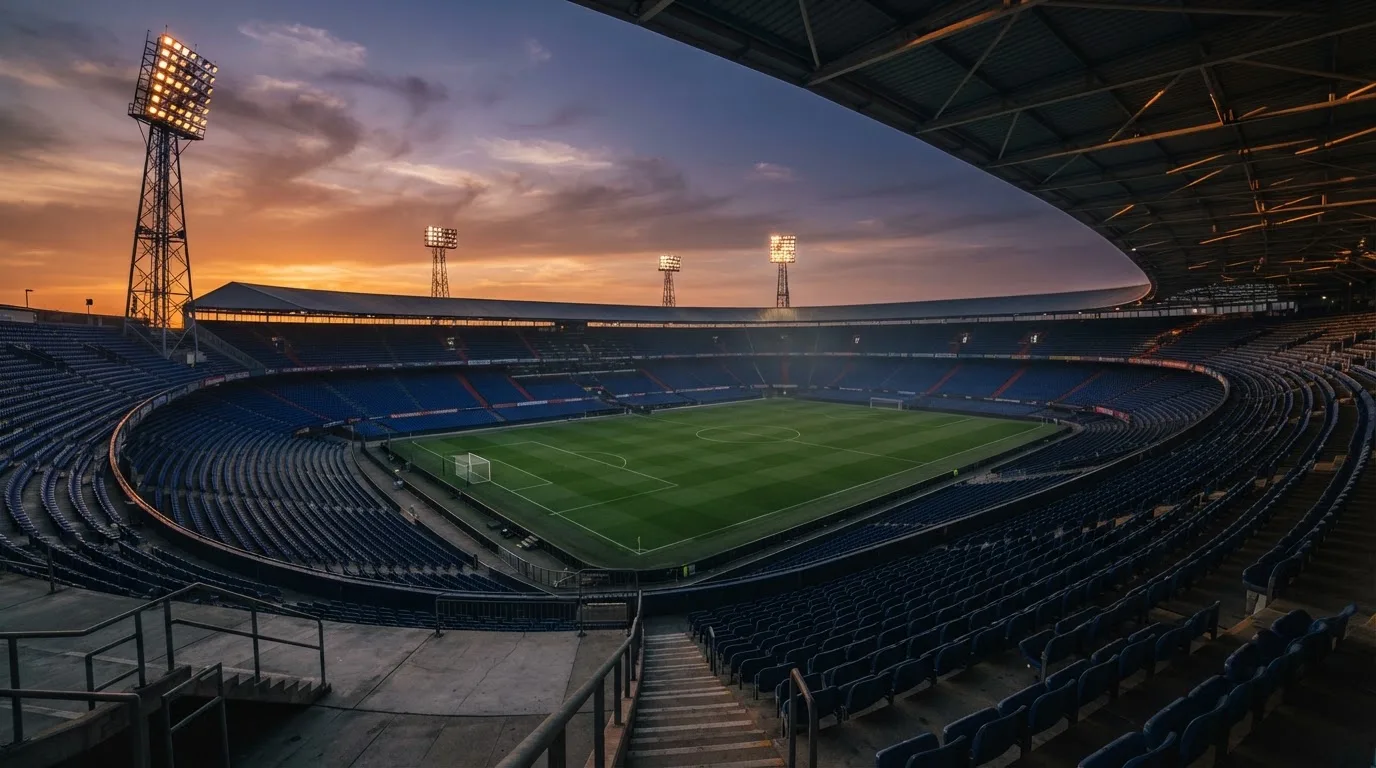 Un estadio de fútbol vacío con torres de iluminación al atardecer