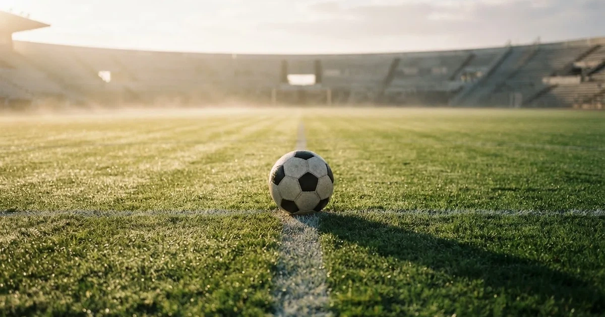Un balón en el punto central de un campo de césped a la luz de la mañana