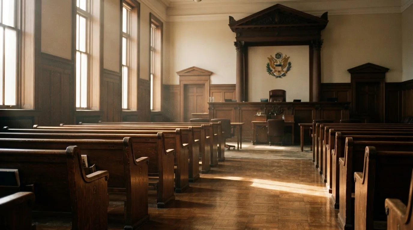 Una sala de tribunal vacía con bancos de madera a la luz de la mañana