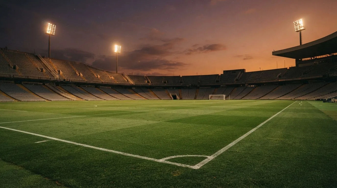 Un estadio de fútbol vacío con torres de iluminación al atardecer