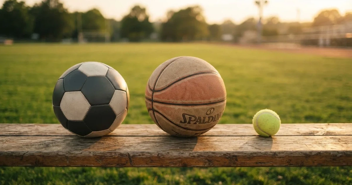 Tres balones de distintos tipos, uno junto a otro, sobre un banco de madera