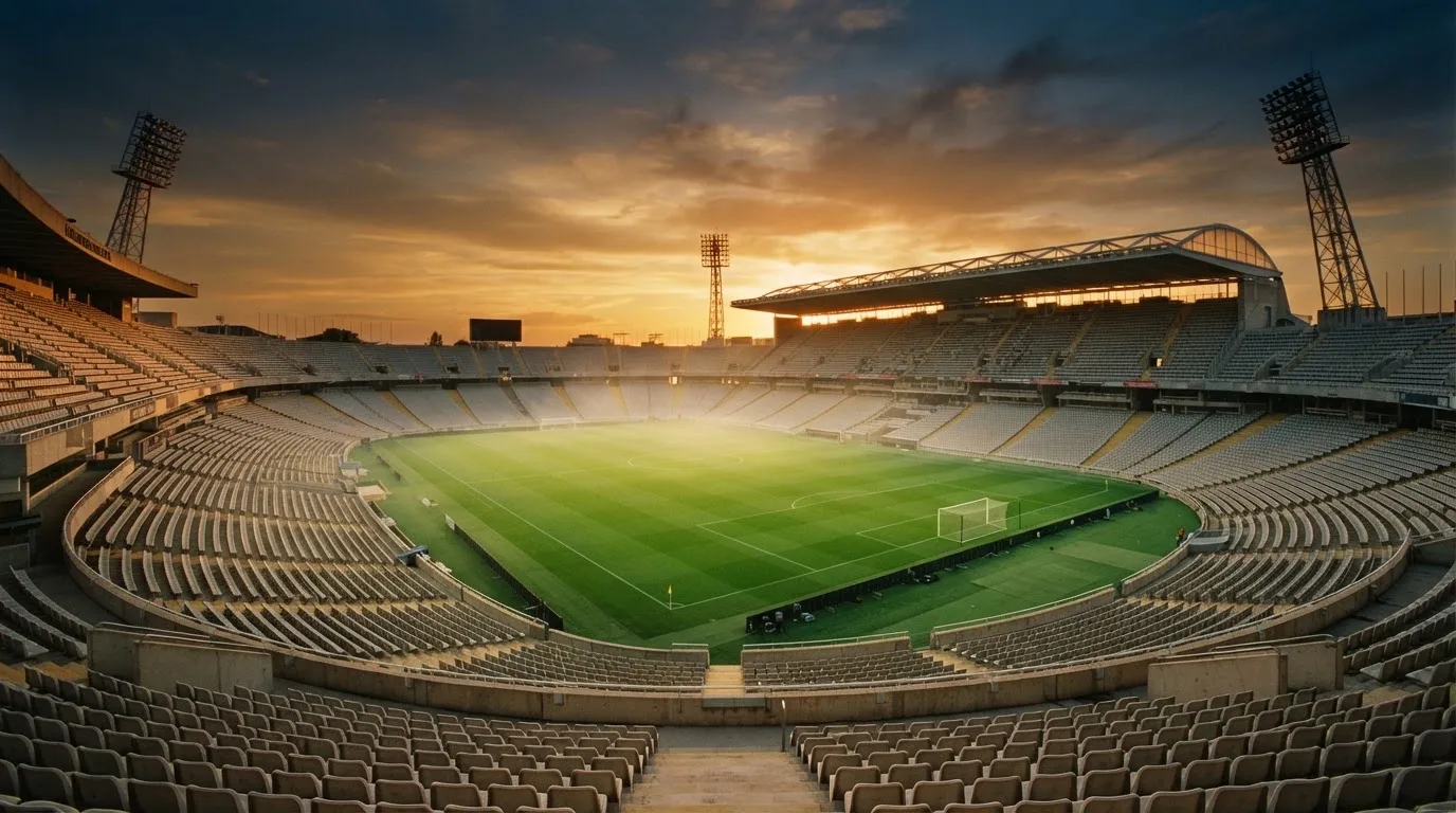 Un estadio de fútbol vacío con torres de iluminación al atardecer