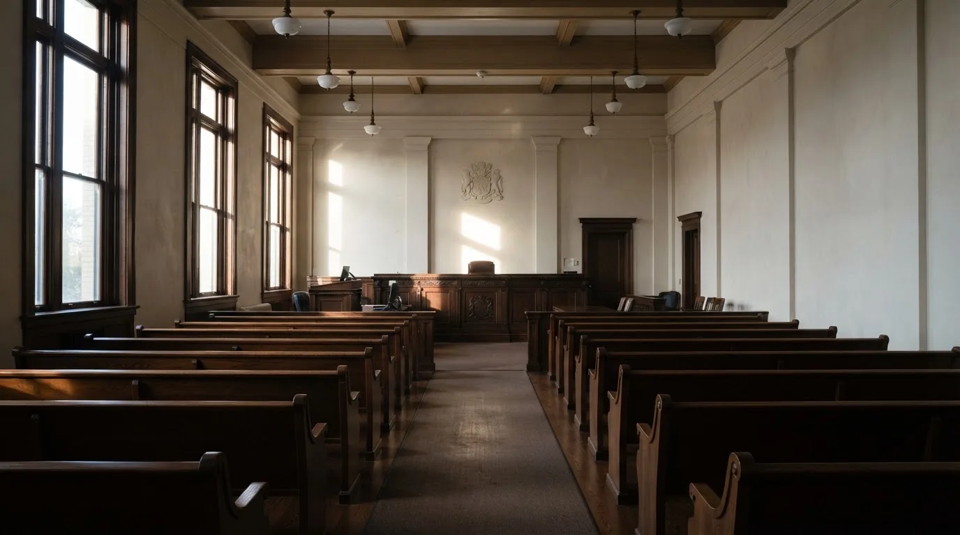 Una sala de tribunal vacía con bancos de madera a la luz de la mañana