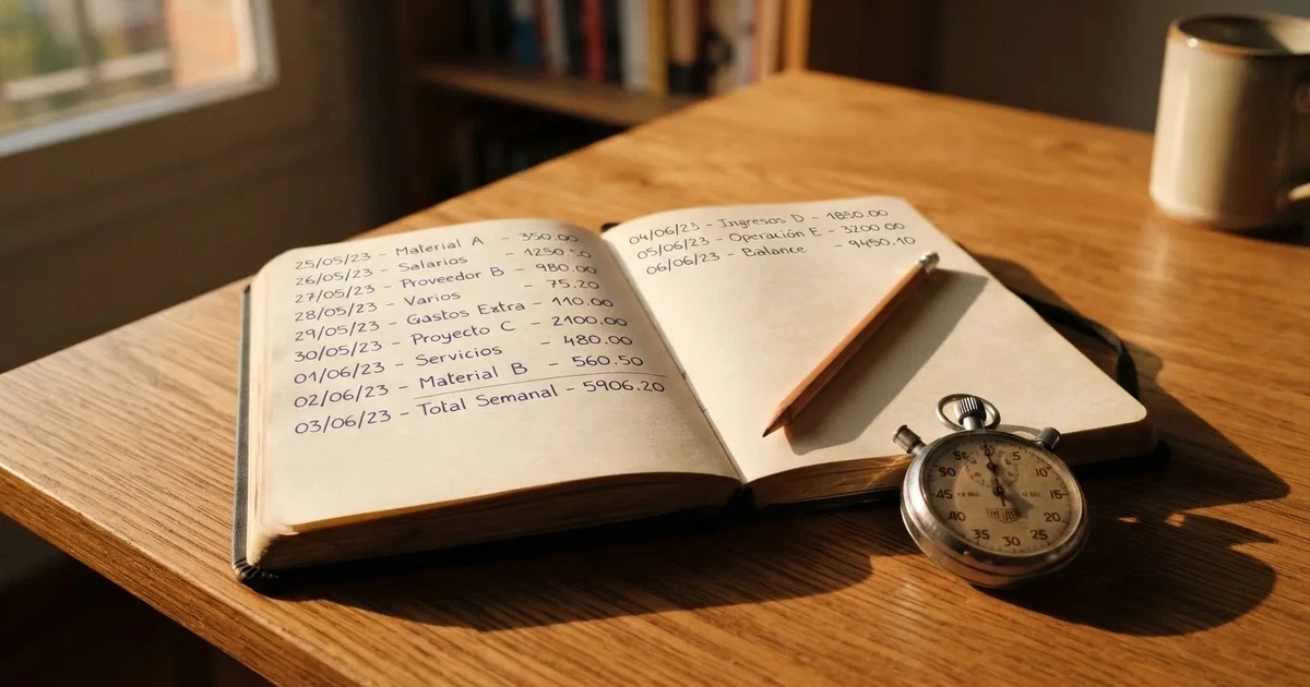 Un cuaderno abierto con un lápiz y un cronómetro sobre una mesa de madera