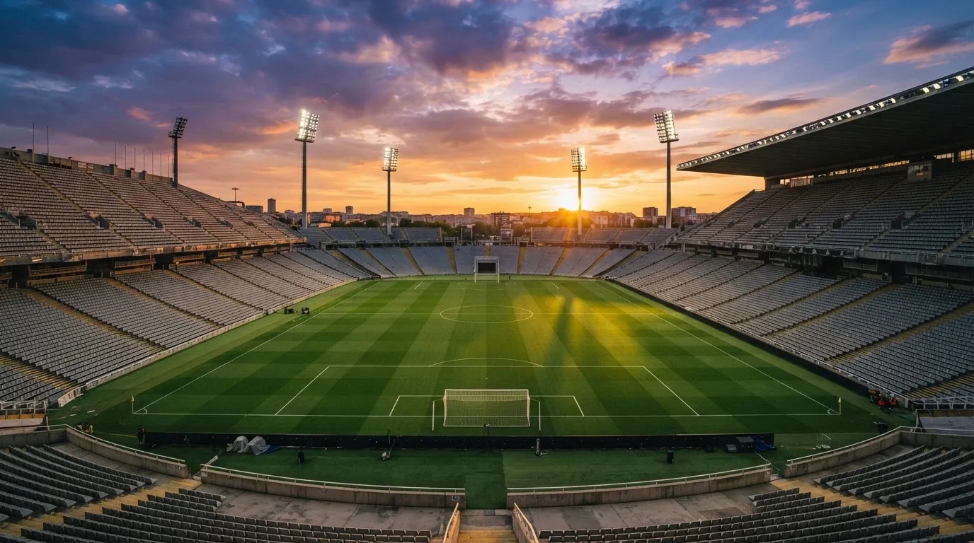 Un estadio de fútbol vacío con torres de iluminación al atardecer