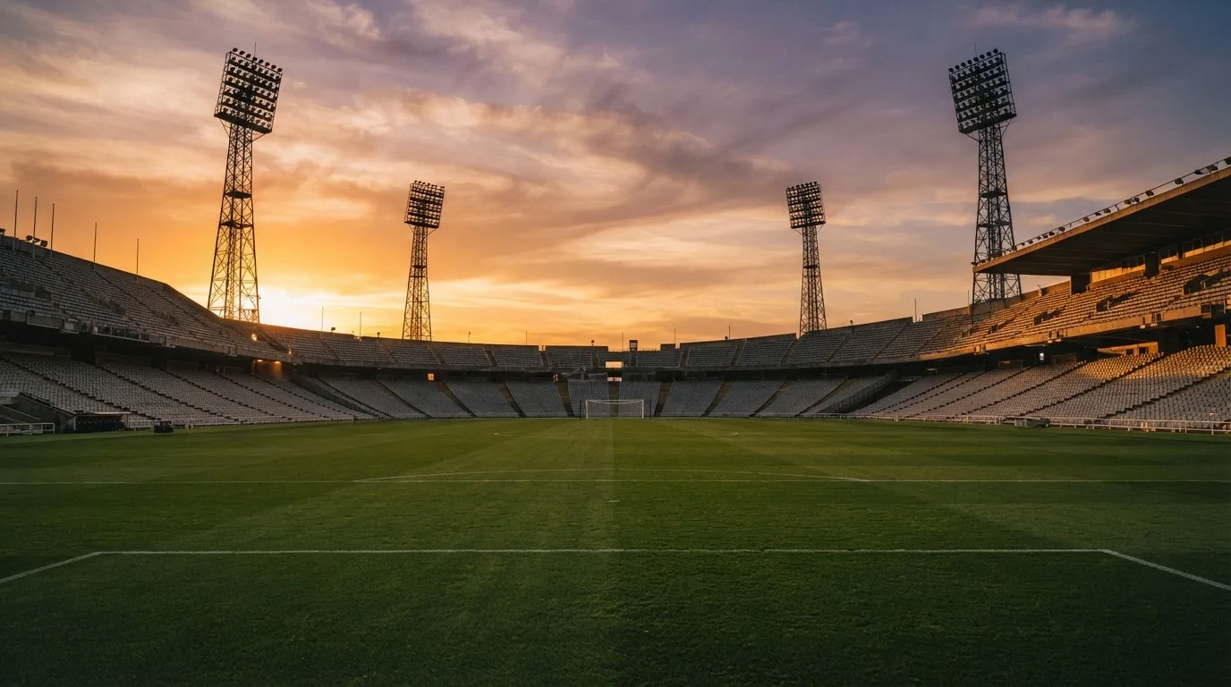 Un estadio de fútbol vacío con torres de iluminación al atardecer