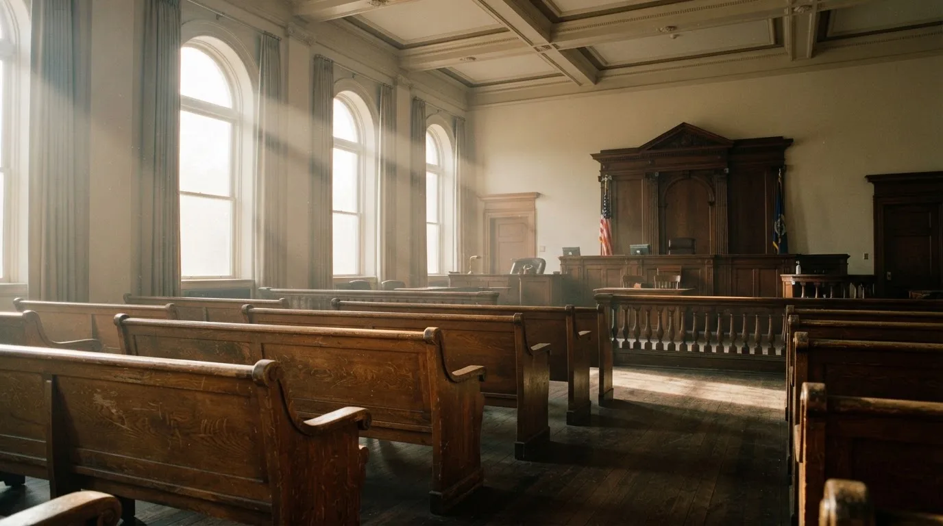 Una sala de tribunal vacía con bancos de madera a la luz de la mañana