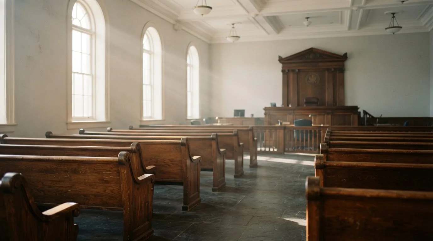 Una sala de tribunal vacía con bancos de madera a la luz de la mañana