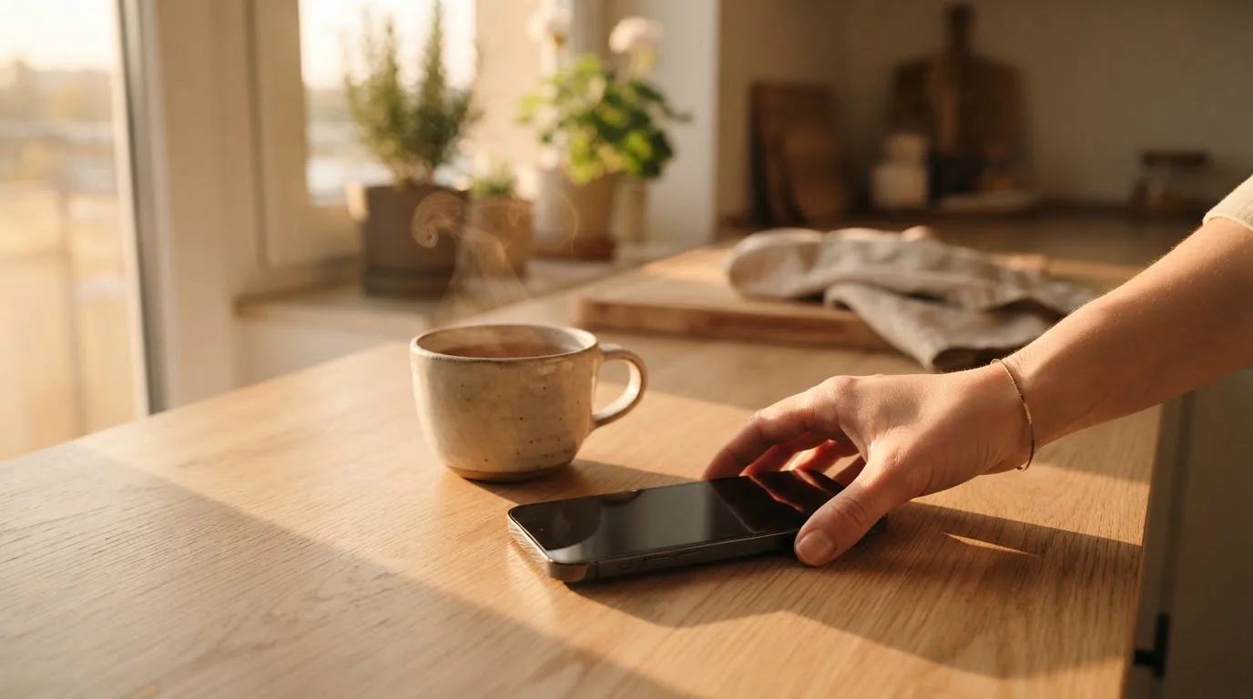 Una mano deja un móvil junto a una taza de té sobre la mesa de la cocina, una tarde tranquila