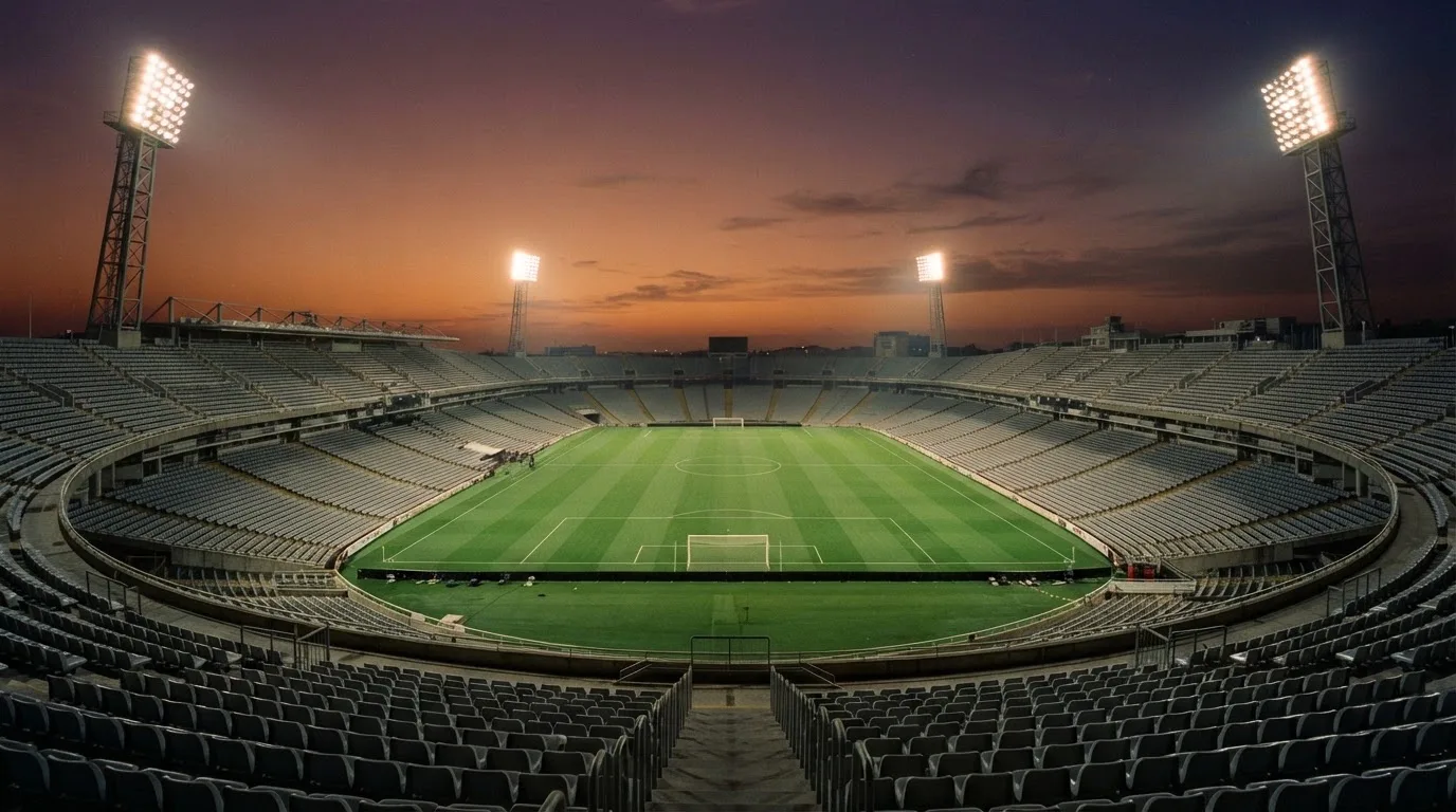 Un estadio de fútbol vacío con torres de iluminación al atardecer