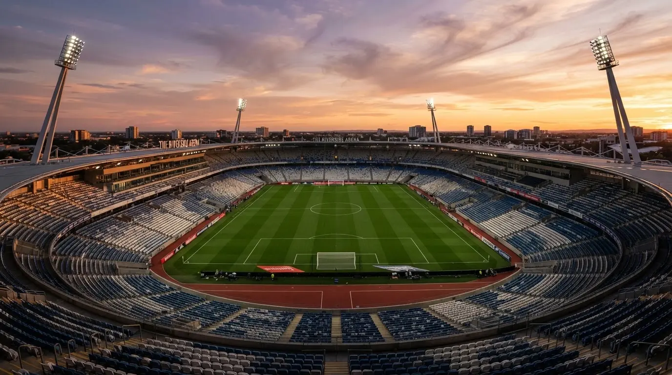 Un estadio de fútbol vacío con torres de iluminación al atardecer