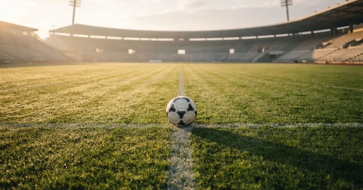Un balón en el punto central de un campo de césped a la luz de la mañana