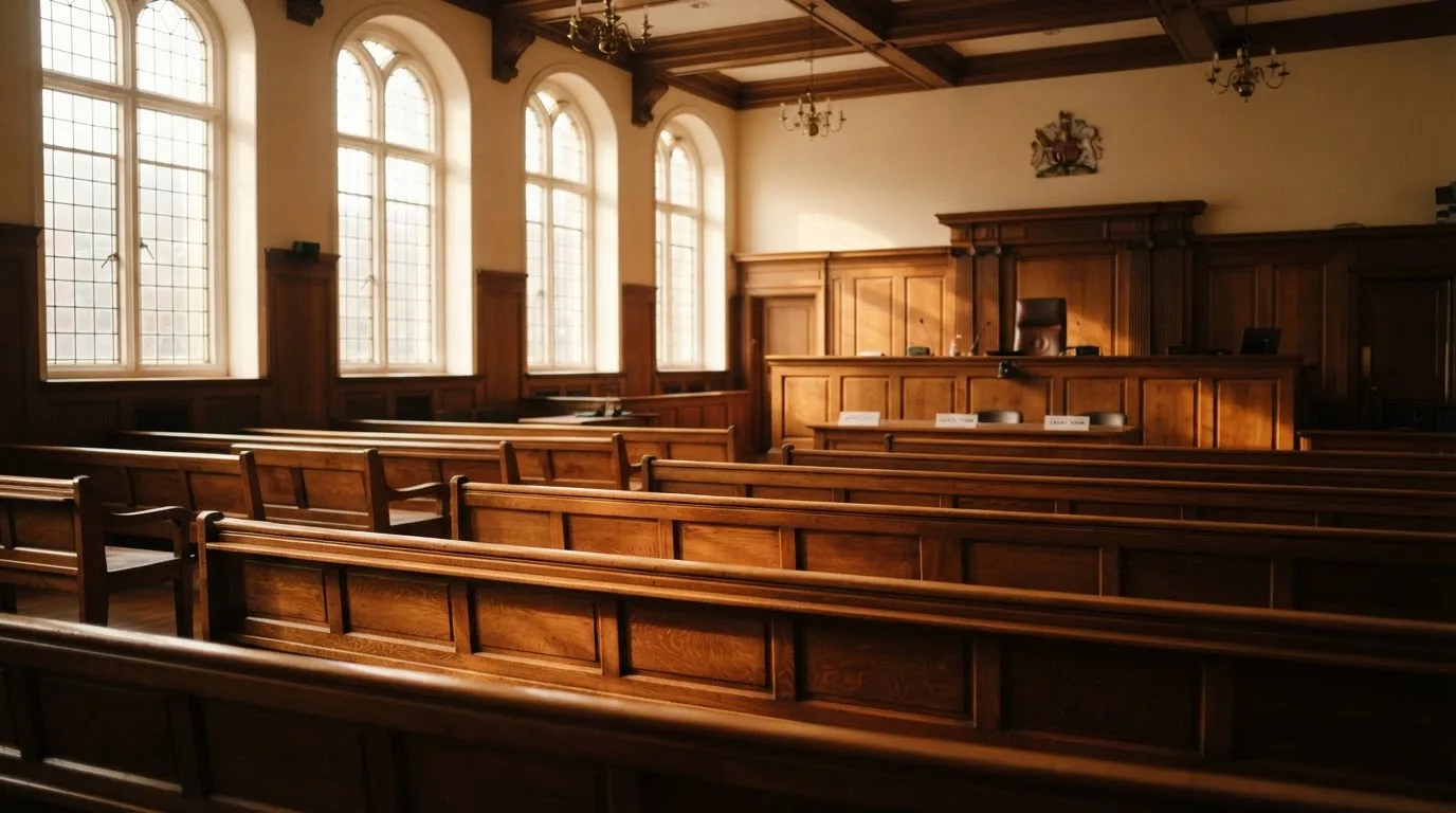 Una sala de tribunal vacía con bancos de madera a la luz de la mañana