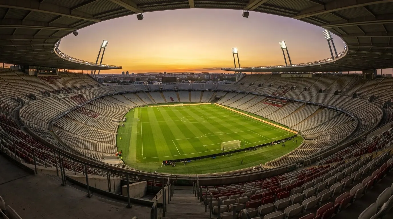 Un estadio de fútbol vacío con torres de iluminación al atardecer