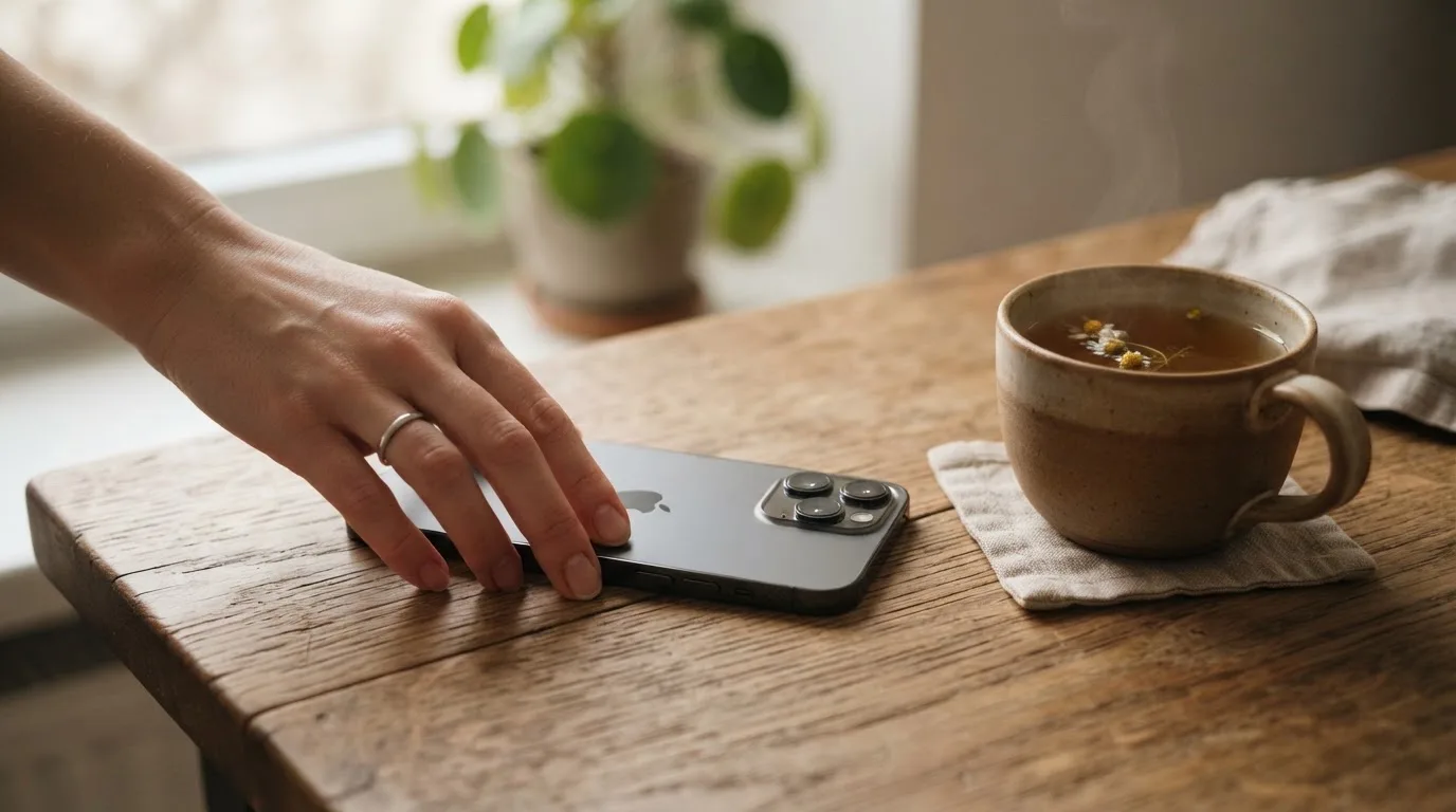 Una mano deja un móvil junto a una taza de té sobre la mesa de la cocina, una tarde tranquila