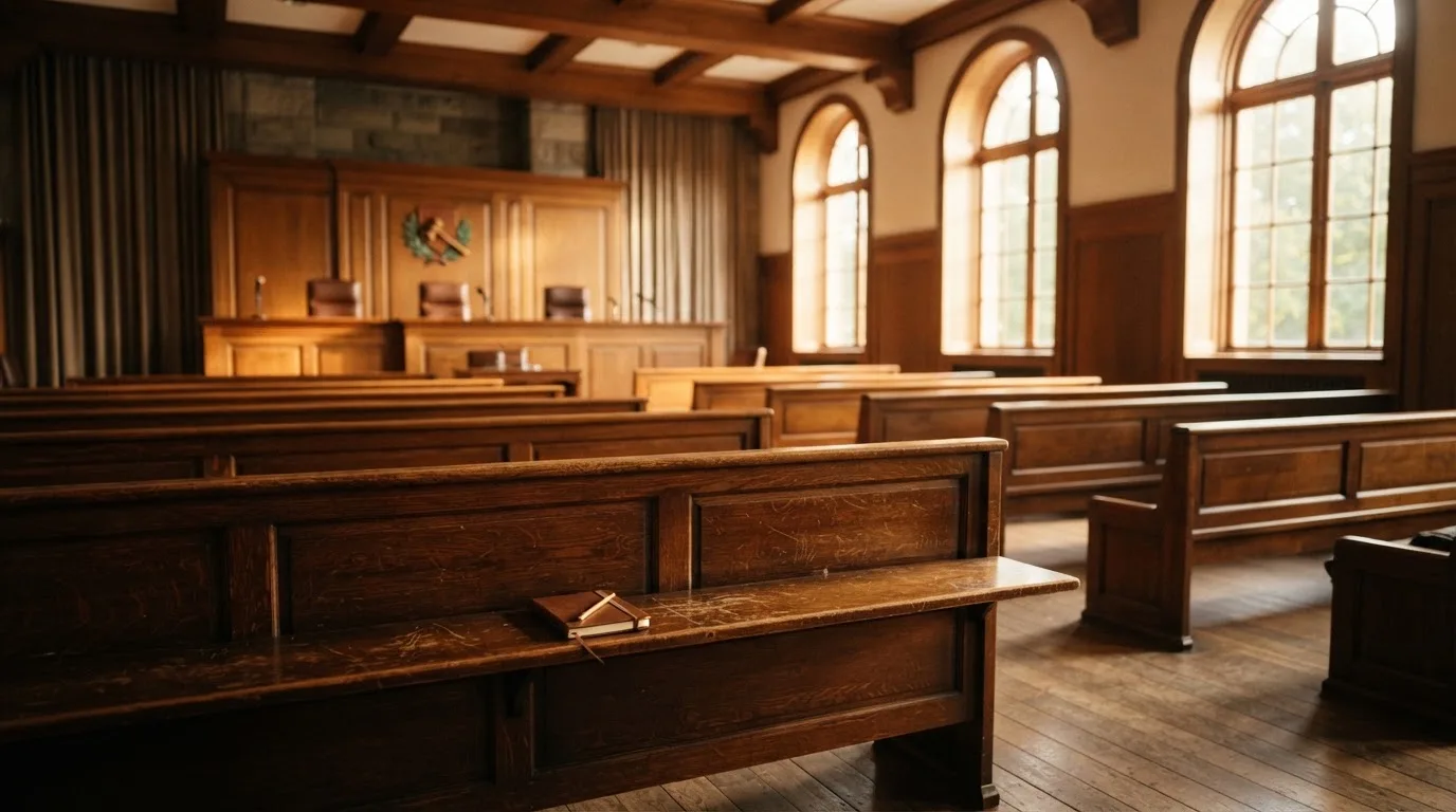 Una sala de tribunal vacía con bancos de madera a la luz de la mañana
