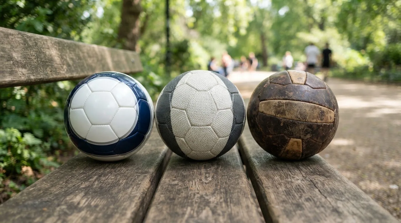 Tres balones de distintos tipos, uno junto a otro, sobre un banco de madera