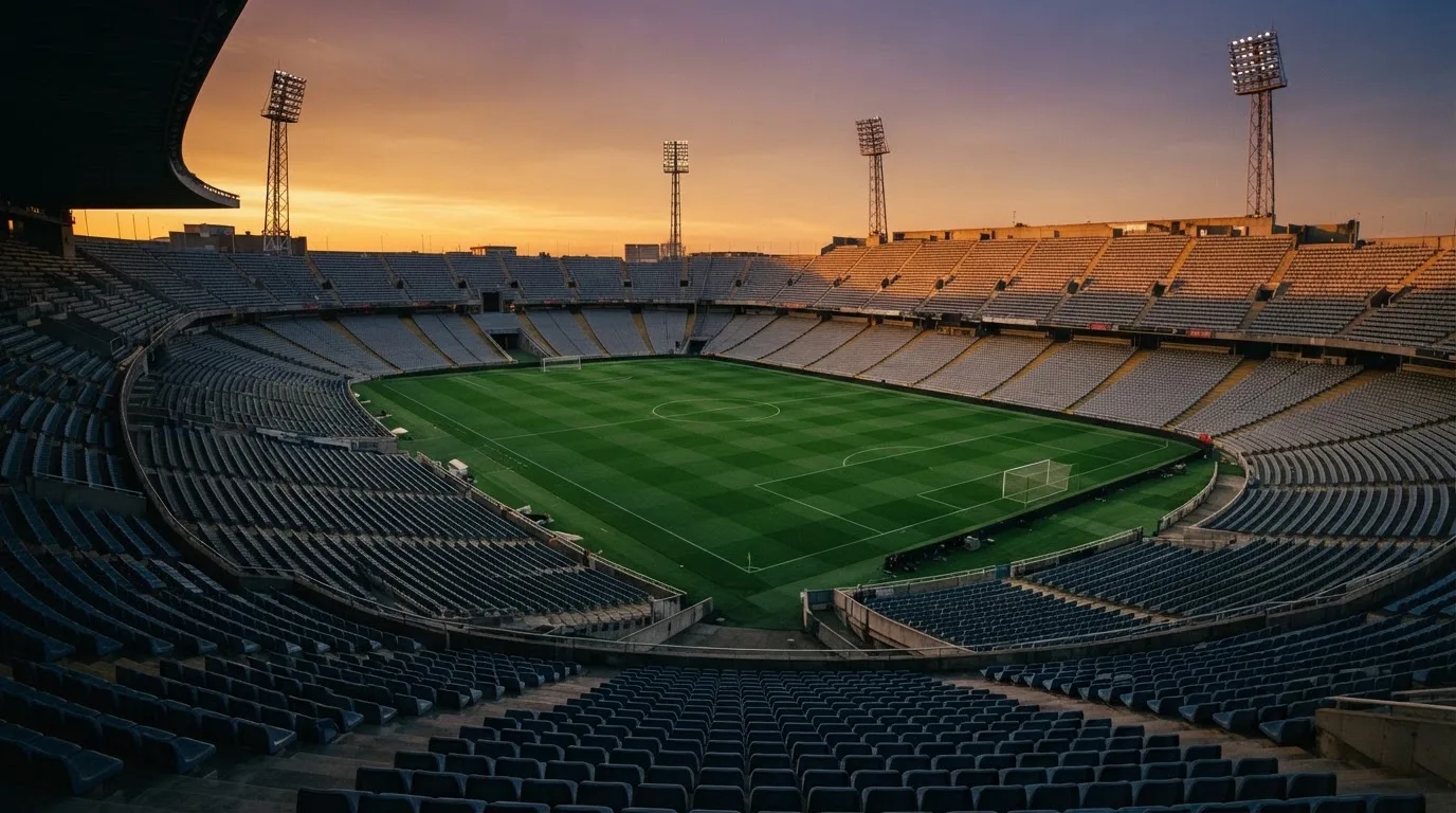 Un estadio de fútbol vacío con torres de iluminación al atardecer