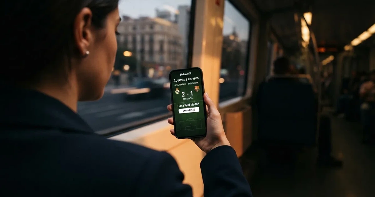 Una mano sostiene un móvil en el tren por la tarde, con la pantalla girada