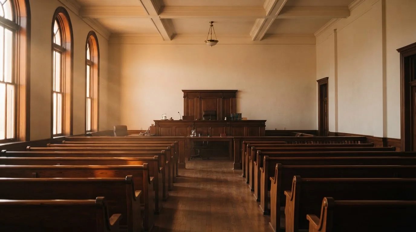 Una sala de tribunal vacía con bancos de madera a la luz de la mañana