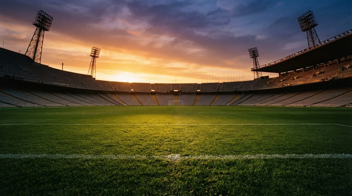 Un estadio de fútbol vacío con torres de iluminación al atardecer